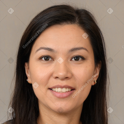 Joyful white young-adult female with long  brown hair and brown eyes