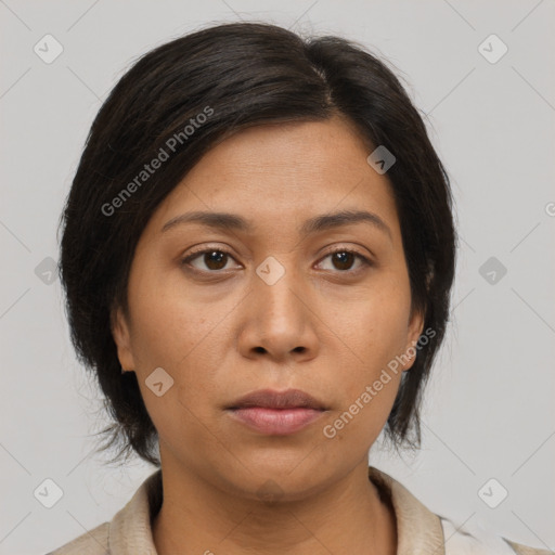 Neutral asian young-adult female with medium  brown hair and brown eyes