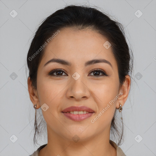 Joyful latino young-adult female with long  brown hair and brown eyes