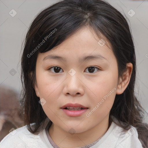 Joyful white child female with medium  brown hair and brown eyes