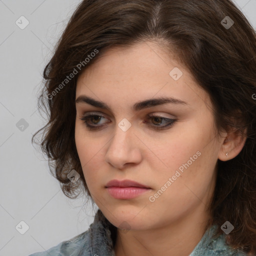 Neutral white young-adult female with medium  brown hair and brown eyes