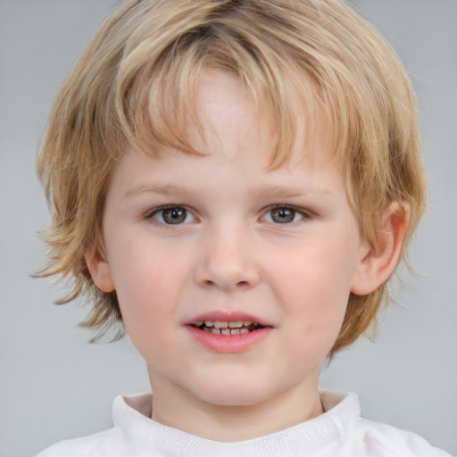 Joyful white child female with medium  brown hair and grey eyes