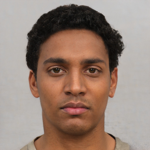 Neutral black young-adult male with short  black hair and brown eyes