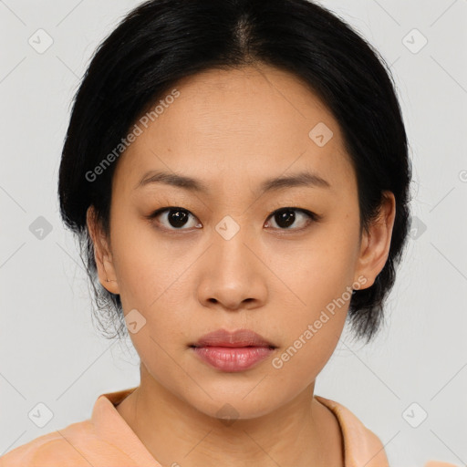 Neutral asian young-adult female with medium  black hair and brown eyes