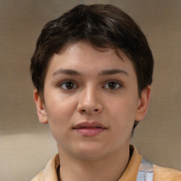 Neutral white young-adult female with short  brown hair and brown eyes