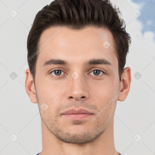 Neutral white young-adult male with short  brown hair and brown eyes