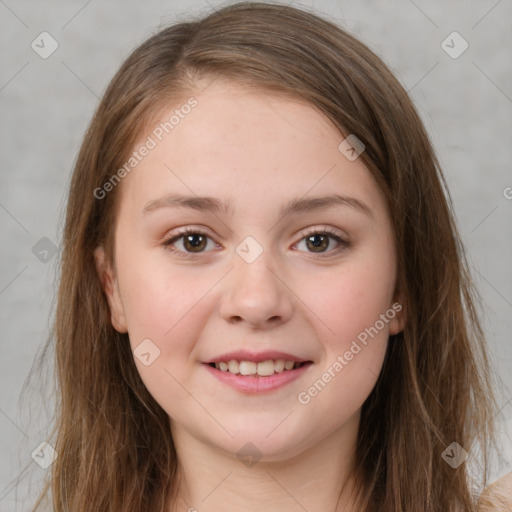 Joyful white child female with medium  brown hair and brown eyes