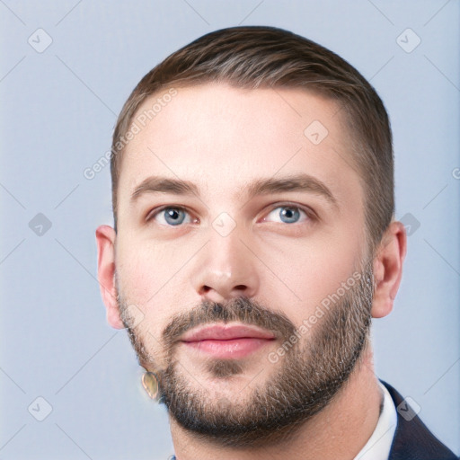 Neutral white young-adult male with short  brown hair and grey eyes