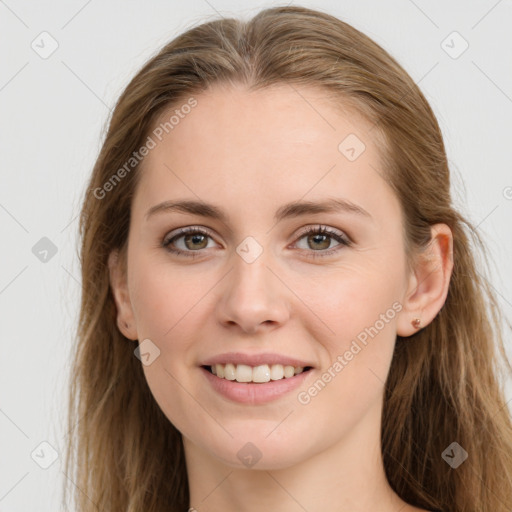 Joyful white young-adult female with long  brown hair and grey eyes