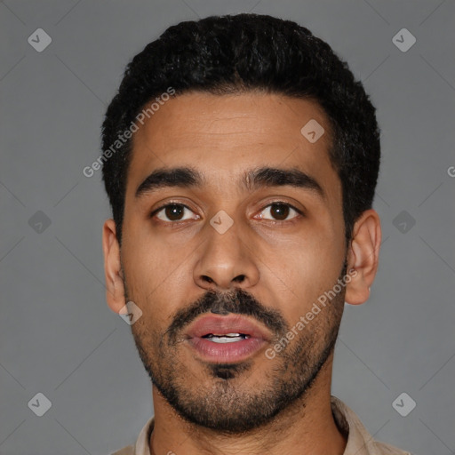Neutral black young-adult male with short  black hair and brown eyes