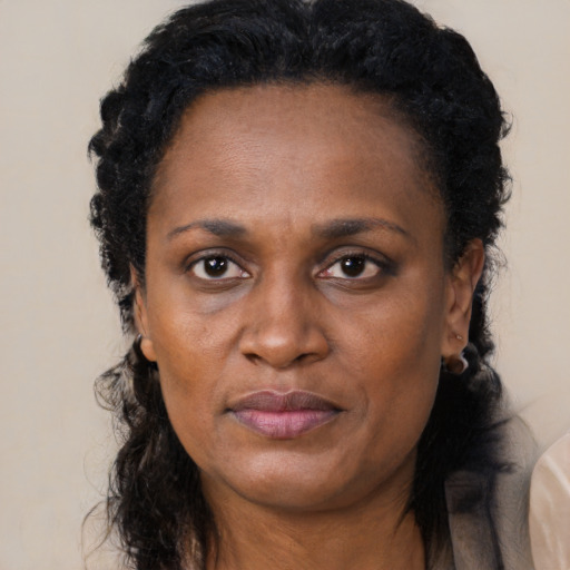 Neutral black adult female with long  brown hair and brown eyes