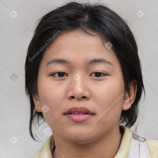 Neutral asian young-adult female with medium  brown hair and brown eyes