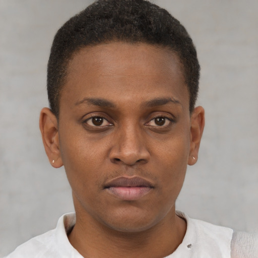 Neutral black young-adult male with short  brown hair and brown eyes