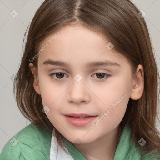 Joyful white child female with medium  brown hair and brown eyes