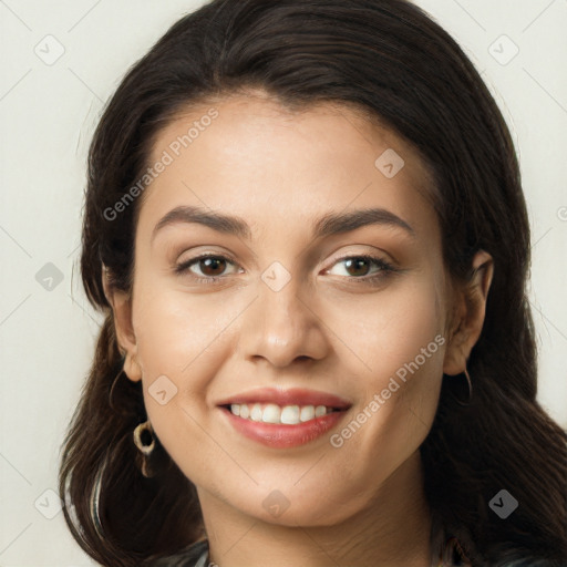 Joyful white young-adult female with long  brown hair and brown eyes