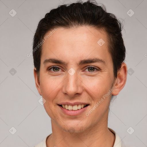 Joyful white young-adult female with short  brown hair and brown eyes