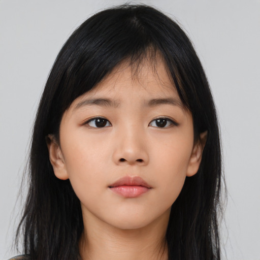 Neutral asian young-adult female with long  brown hair and brown eyes