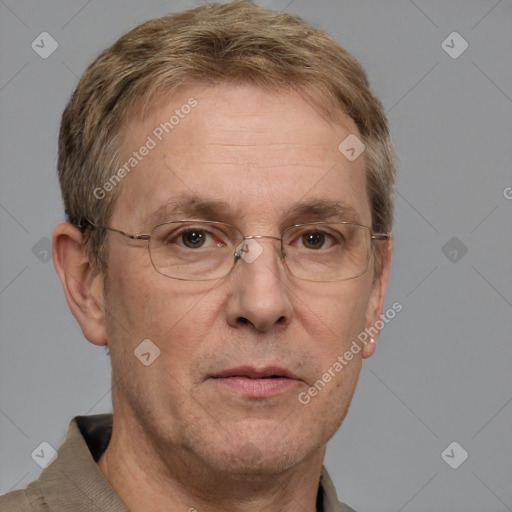 Neutral white middle-aged male with short  brown hair and grey eyes