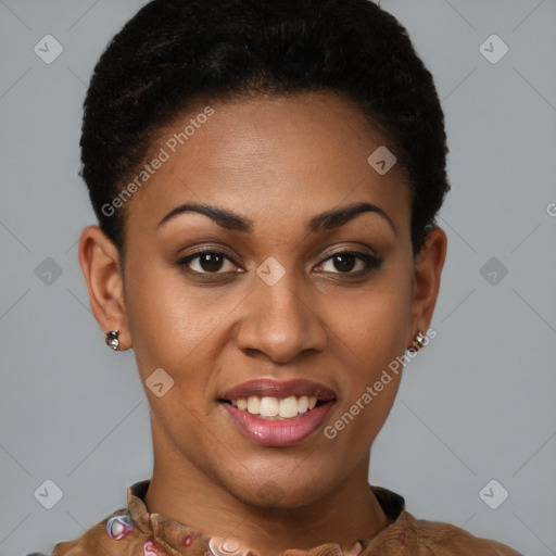 Joyful black young-adult female with short  brown hair and brown eyes