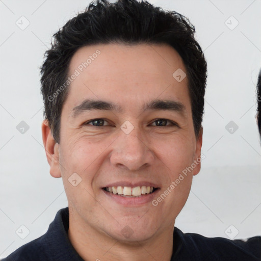 Joyful white young-adult male with short  black hair and brown eyes