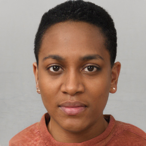 Neutral black young-adult female with short  black hair and brown eyes