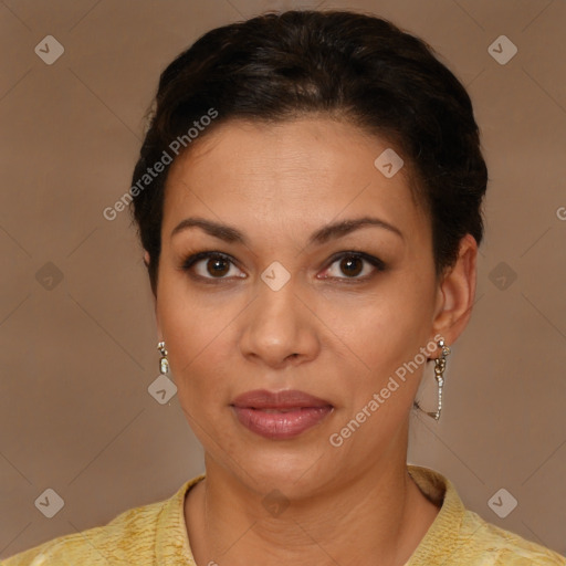 Joyful latino young-adult female with short  brown hair and brown eyes