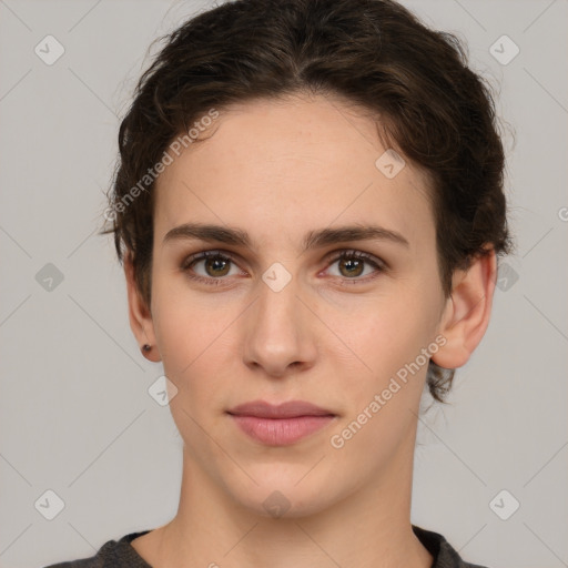 Neutral white young-adult female with short  brown hair and brown eyes