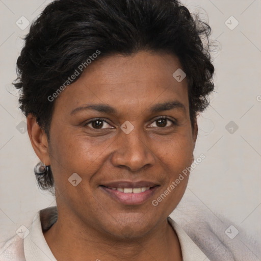 Joyful black adult female with short  brown hair and brown eyes