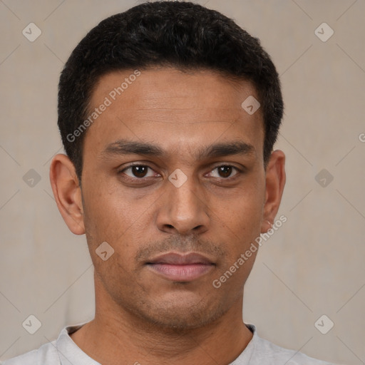 Neutral latino young-adult male with short  black hair and brown eyes