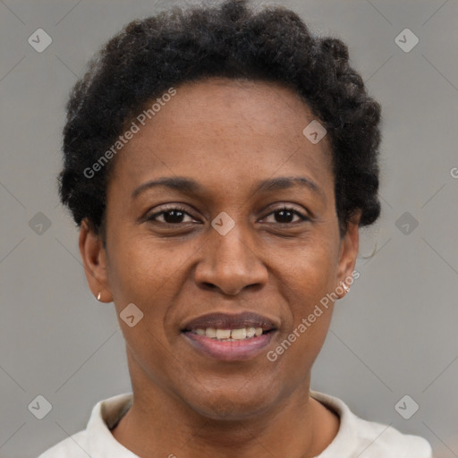 Joyful black adult female with short  brown hair and brown eyes