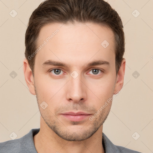 Neutral white young-adult male with short  brown hair and brown eyes