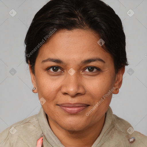 Joyful white adult female with short  brown hair and brown eyes