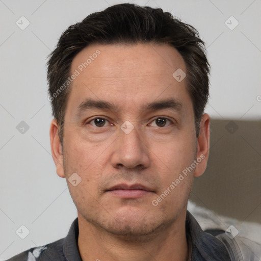 Neutral white adult male with short  brown hair and brown eyes