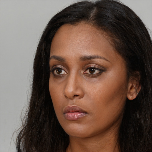 Neutral asian young-adult female with long  black hair and brown eyes
