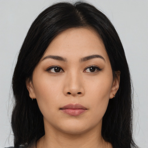 Neutral asian young-adult female with long  black hair and brown eyes