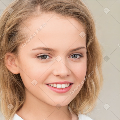 Joyful white child female with medium  brown hair and brown eyes