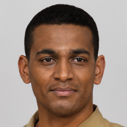 Neutral black young-adult male with short  black hair and brown eyes