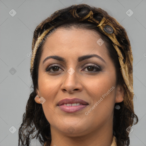 Joyful latino young-adult female with medium  brown hair and brown eyes