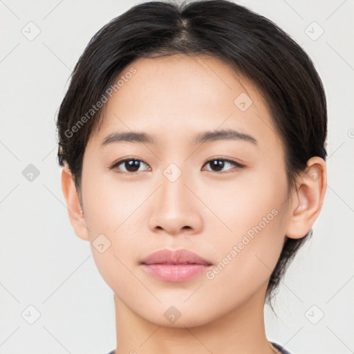 Neutral asian young-adult female with medium  brown hair and brown eyes