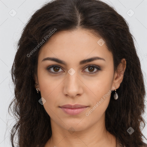 Neutral latino young-adult female with long  brown hair and brown eyes