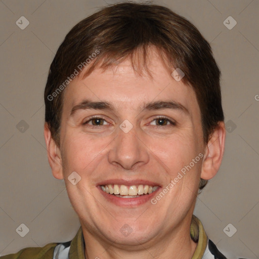 Joyful white adult male with short  brown hair and brown eyes