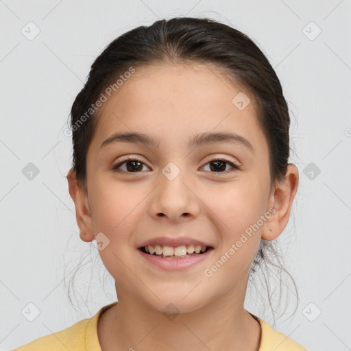 Joyful white child female with medium  brown hair and brown eyes