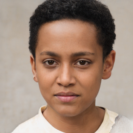 Neutral black young-adult female with short  brown hair and brown eyes