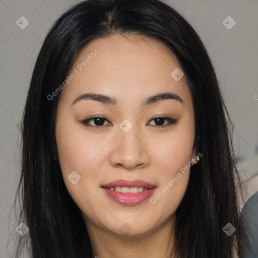 Joyful asian young-adult female with long  brown hair and brown eyes