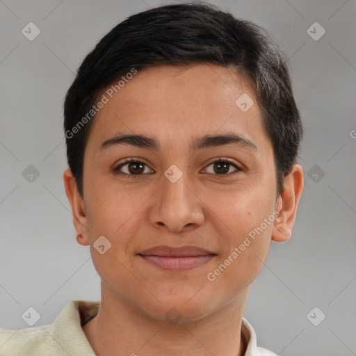 Joyful white young-adult female with short  brown hair and brown eyes