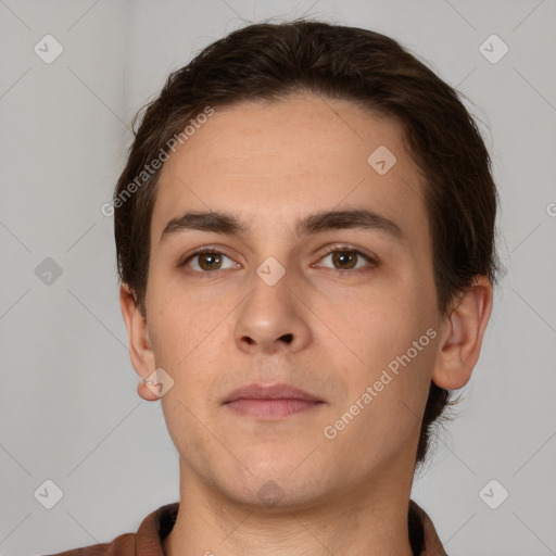 Neutral white young-adult male with short  brown hair and brown eyes