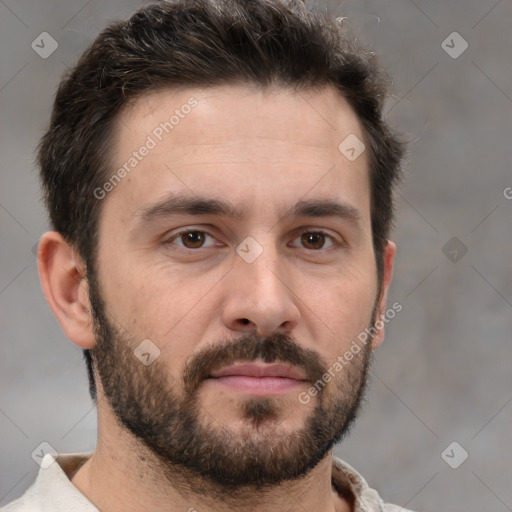 Neutral white young-adult male with short  brown hair and brown eyes