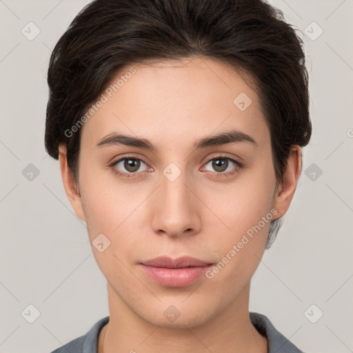 Neutral white young-adult female with short  brown hair and brown eyes