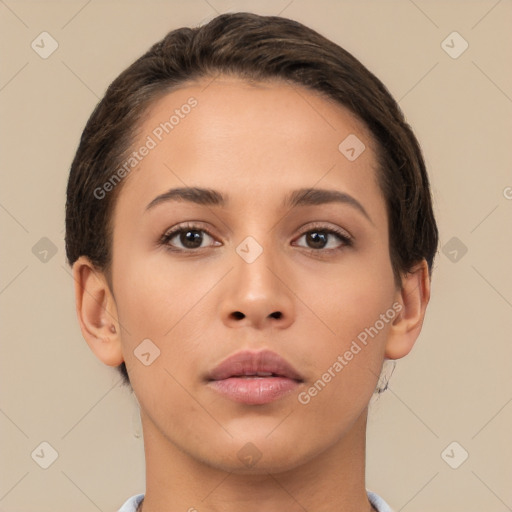 Neutral white young-adult female with short  brown hair and brown eyes