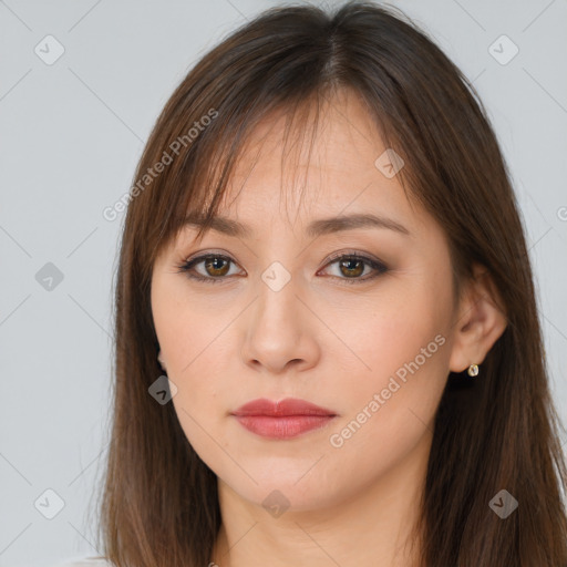 Neutral white young-adult female with long  brown hair and brown eyes